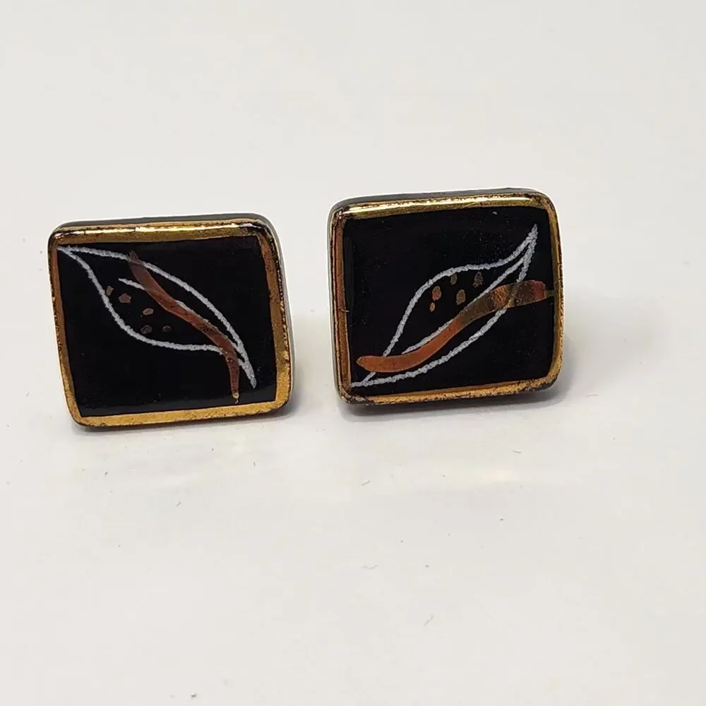 Hand Painted Ceramic Black Gold Tone Cufflinks Vintage 1960s MCM Leaf Motif